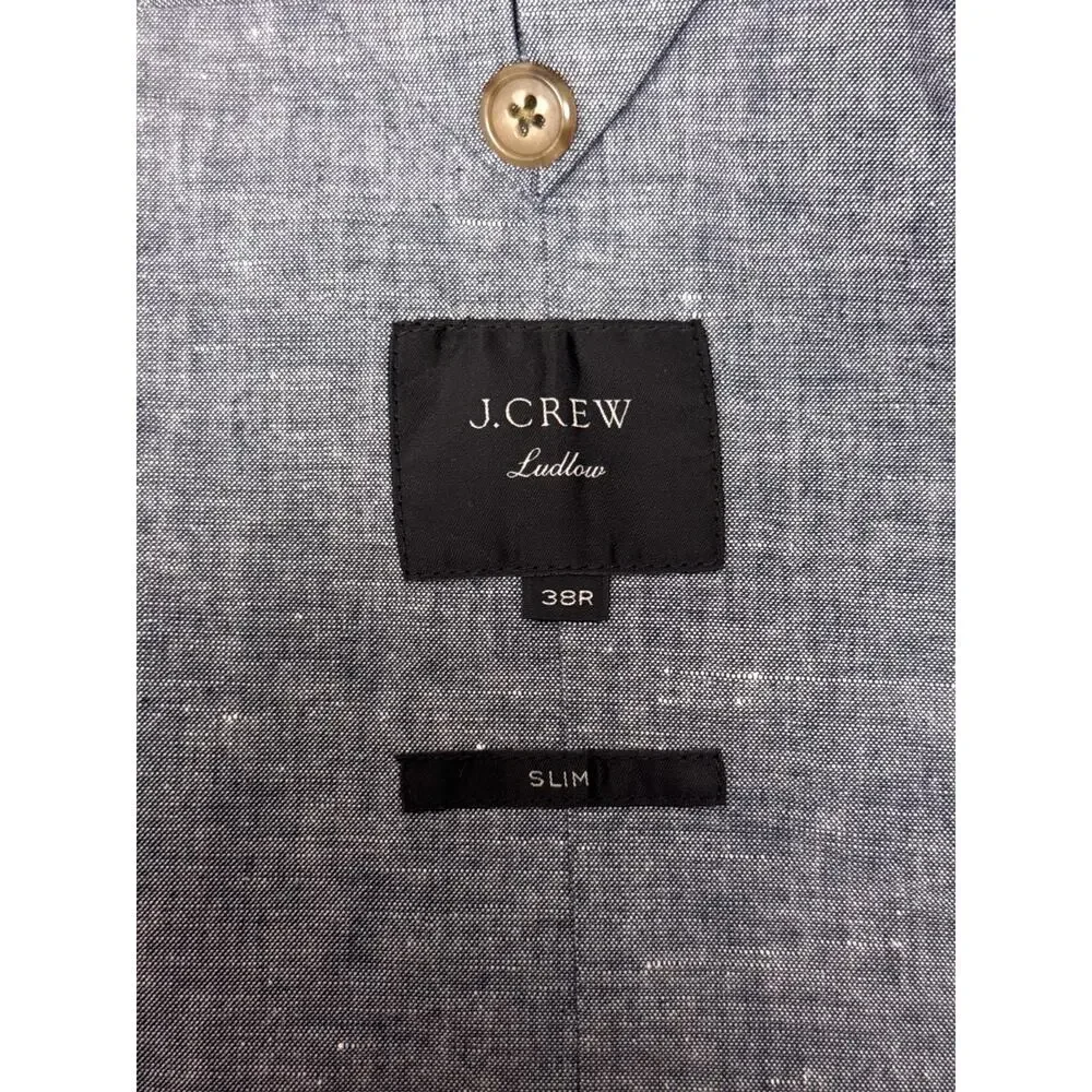 J Crew Ludlow Slim Blazer 38 R Mens Somelos Blue Cotton Linen Chambray Jacket
